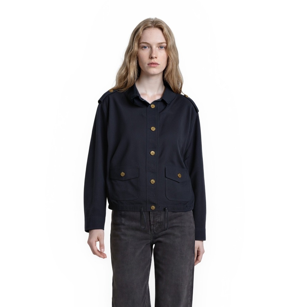 Talbots Utility Jacket Women's Size Large Navy Blue Military Drawstring Hem Coat
